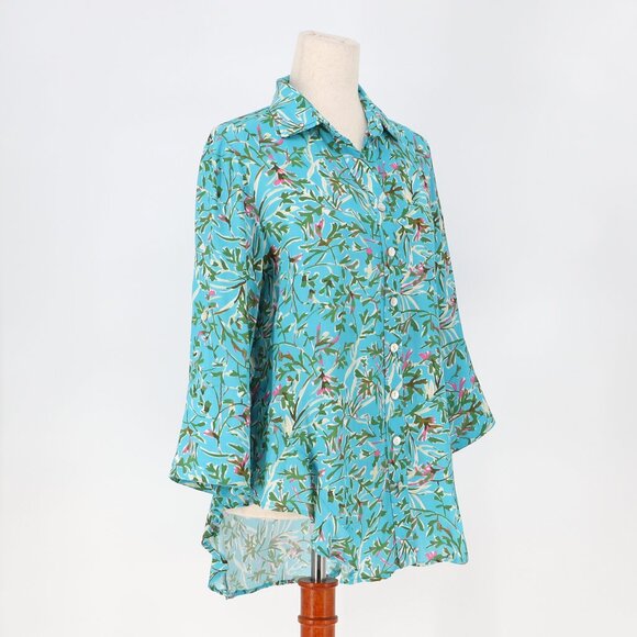 FINLEY Agetha Kyoto Floral-Print Ruffle Button-Front Shirt Blue Green Size XS - Picture 3 of 9